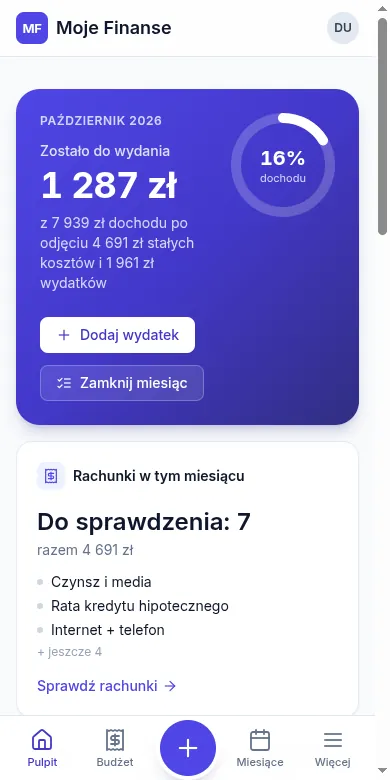 Pulpit na telefonie z dolnym paskiem: Pulpit, Budżet, plus, Miesiące, Więcej